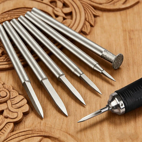 Six Piece 3mm Shank Wood Carving Drill Bit Set For Engraving And Grinding, shown on wood surface with detail on sharp tips