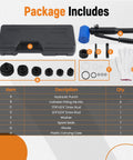Package contents of Heavy Duty Hydraulic Knockout Punch Kit One Half Inch To Two Inch Conduit Hole Cutter Set.