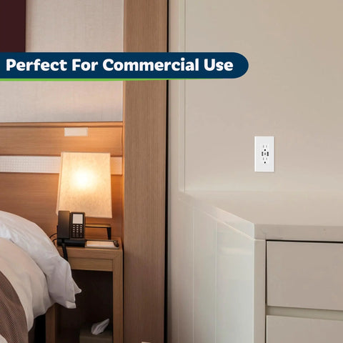 Room view with Three Port USB Wall Outlet With Type C And Two USB A Ports No Fuss 5.8A Total 29W 15 Amp Tamper Resistant Receptacle