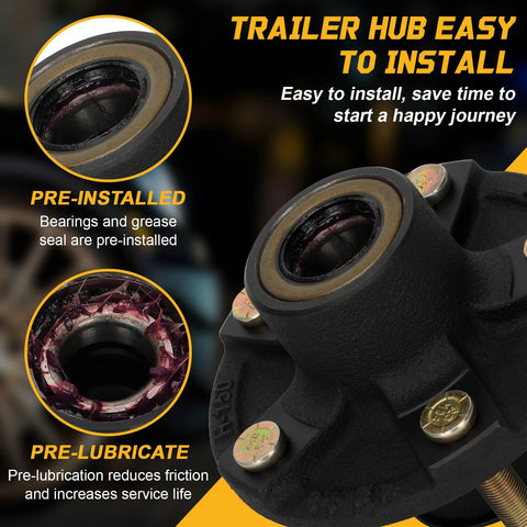Redants 2-set 5-lug trailer hub kit, 4.5-inch axle, pre-installed bearings and seals, lubricated