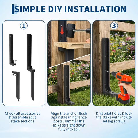 Simple DIY installation steps for Built Tough Heavy Duty 11 Gauge Fence Post Repair Stakes Six Piece Black Kit.
