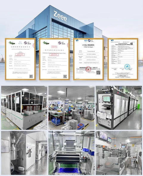Zeee manufacturing facility, certificates and production lines shown, producing Race Ready 6S LiPo Battery 5200mAh 22.2V 130C Ultra Low IR Soft Pack With EC5 Connector For RC Drones Cars Boats Planes Helis And Trucks, Beast Power Long Run Time, Durable Soft Case, 2 Pack.