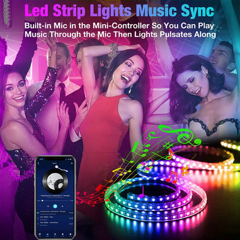 Party scene with people dancing and colorful 130Ft LED Strip Lights For Bedroom With App Control, Music Sync, Color Changing LED Strips