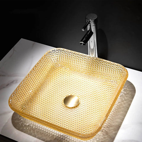 USZWBY Yellow Square Shape Tempered Glass Bathroom Vessel Sink with Waterfall Tap Modern Artistic Vessel Sink with Pop Up Drain, Counter Top Installation, textured gold glass design, overhead view.