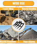 Mini Excavator Rake Attachment For 0.8 To 1.8 Ton Machines in use for trench filling, material handling, housing demolition, and slope shaping