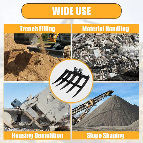 Mini Excavator Rake Attachment For 0.8 To 1.8 Ton Machines in use for trench filling, material handling, housing demolition, and slope shaping