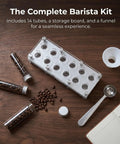 Hype Building Daily Grind Storage Kit With Airtight Single Dose Espresso Canisters on a wood surface with beans.