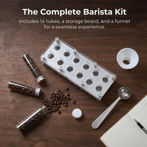 Hype Building Daily Grind Storage Kit With Airtight Single Dose Espresso Canisters on a wood surface with beans.