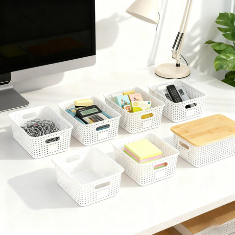 Six Pack Stackable Plastic Storage Bins With Lids And Bamboo Lid, arranged on a desk, showcasing organization use.