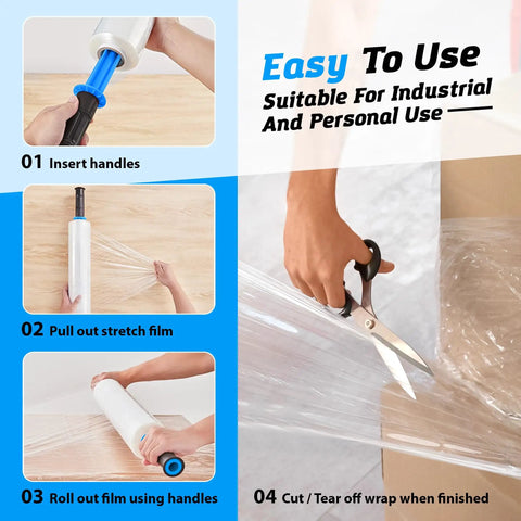 Steps using One Roll 15 Inch Wide 900 Ft Clear Heavy Duty Plastic Stretch Wrap For Shipping And Moving Pro Grade Extra Durable Shrink Film