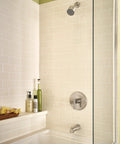 Dia 3-Spray 3-Inch Fixed Showerhead Satin Nickel Finish For A Spa Worthy Shower 2.5 GPM Flow in modern bathroom setting