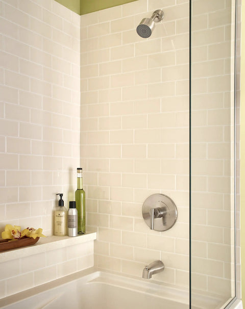 Dia 3-Spray 3-Inch Fixed Showerhead Satin Nickel Finish For A Spa Worthy Shower 2.5 GPM Flow in modern bathroom setting