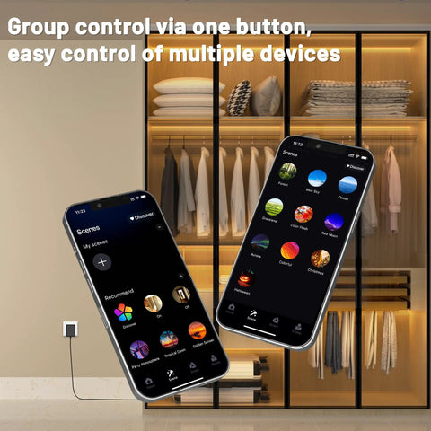 WiFi LED Strip Lights for Wood Slat Wall Panels and Acoustic Panels with app control interface displayed on phones