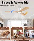 52 Inch Wood Flush Mount Ceiling Fan With Lights And Remote No Hassle Quiet DC Motor Indoor Outdoor Ultra Low Profile White Modern Ceiling Fan That Works With Alexa And WiFi App showing breeze levels for comfort