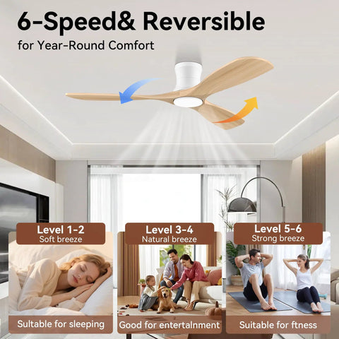 52 Inch Wood Flush Mount Ceiling Fan With Lights And Remote No Hassle Quiet DC Motor Indoor Outdoor Ultra Low Profile White Modern Ceiling Fan That Works With Alexa And WiFi App showing breeze levels for comfort