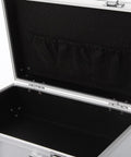 Interior view of the Badass Silver Aluminum Alloy Toolbox Organizer With Ergonomic Carry Handle, featuring black lining and storage pockets.