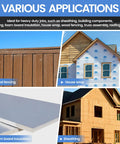 Various applications of Heavy Duty 16 Gauge 1 Inch Wide Crown Pneumatic Stapler with wood fencing, house wrap, sheathing.