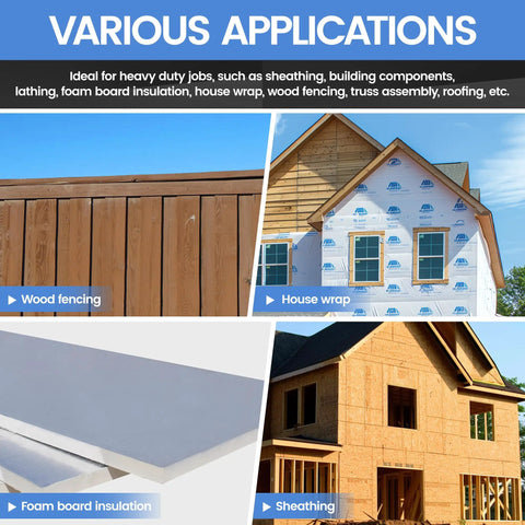 Various applications of Heavy Duty 16 Gauge 1 Inch Wide Crown Pneumatic Stapler with wood fencing, house wrap, sheathing.