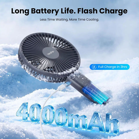 Ultra Quiet 6 Inch Handheld Personal Fan With 6 Speeds Rechargeable Battery Desktop Base 180 Degree Foldable For Travel Concerts Makeup Office Grey Your Go To Breeze on snow background, 4000mAh battery