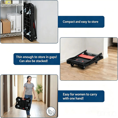Heavy Duty Folding Hand Truck Dolly With Ergonomic Grip 330 Pound Capacity Rust Resistant Aluminum Frame Portable Moving Cart stored compactly in a home.