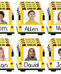 Bus Themed 24 Pack Kid Friendly School Name Plates For Desks And Cubbies Self Adhesive With Photo Space Back To School Classroom Decor Tags For Names And Photos Perfect For Bulletin Boards showing children photos in bus design.