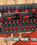 Power Tool Organizer With Charging Station And Heavy Duty Modular Wall Mount For Garage And Shed Eight Outlet Dock With Overload Protection Keeps 4 Drill Holders Ready To Roll And Gear All In One Place Perfect Fathers Day Gift For Dad Him Husband, showing dual wall-mounted racks with tools and chargers.