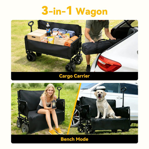 Heavy Duty Folding Wagon Cart With Wheels 560Lbs Load 240L Capacity as cargo carrier and bench with person and dog