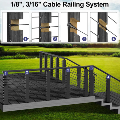 20 Pack 5/16 Inch Black Angle Washers for Cable Railing and Stair Ends installation example on outdoor stairs