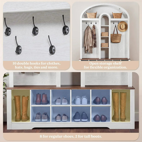 59 Inch Hall Tree With Shoe Storage And Built In Bench Arched Entryway Drop Zone With Coat Rack Ten Shoe Cubbies And Ten Coat Hooks
