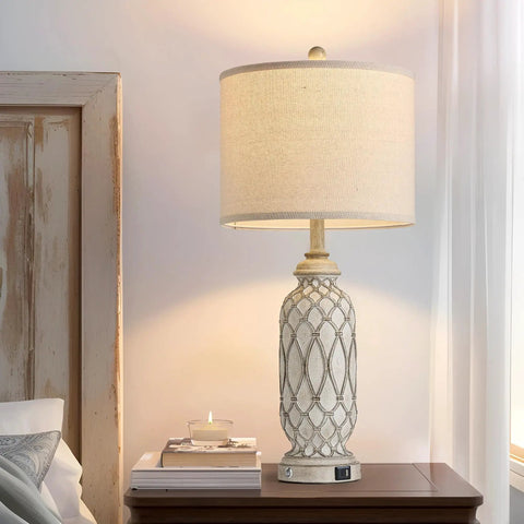 Rustic Farmhouse Table Lamps Set Of 2 For Bedroom And Living Room, 28 Inch Bedside Lamps With USB Ports, 3 Way Dimmable Nightstand Lighting
