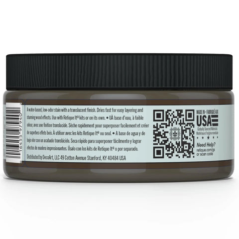 Top Tier Charcoal Gel Stain And Water Based Paint Glaze Hybrid With Nano Tech. Brown jar with label showing product details.
