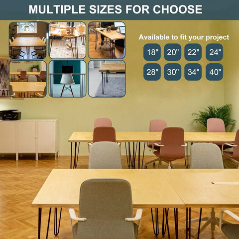 Multiple desk sizes with 22 Inch Industrial Hairpin Table Legs Set Of Four With 3 Eighths Inch Diameter for various tables.