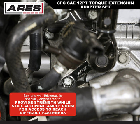 8-Piece SAE 12-Point Box End Torque Adapter Extension Set in action within an engine bay, showing reach to difficult fasteners.