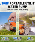 Top Tier Heavy Duty 12V DC Water Transfer Pump With Smooth 360 GPH Flow Rate And A Hella Tough 46 Foot Max Lift for outdoor use.