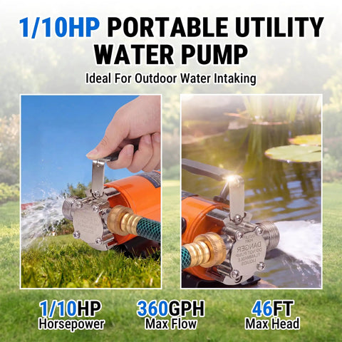 Top Tier Heavy Duty 12V DC Water Transfer Pump With Smooth 360 GPH Flow Rate And A Hella Tough 46 Foot Max Lift for outdoor use.