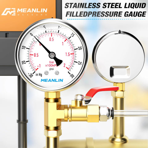 Meanlin vacuum/pressure gauge, front view, 2.5-inch stainless steel dial, mounted on brass valve assembly