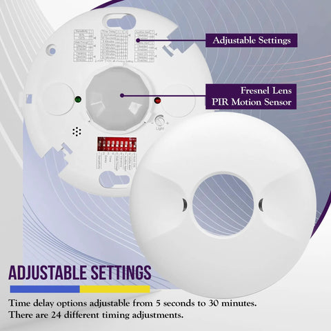 Ceiling Occupancy Sensor With PIR Motion Sensing For Junction Box Install MPC-50V White showing adjustable settings and PIR sensor