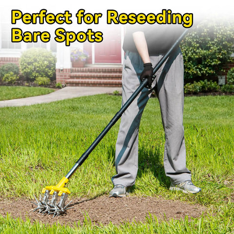 Person using Heavy Duty Rotary Cultivator With Extra Large Tines And 74 Inch Long Handle For Soil Preparation on bare patch of lawn