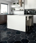Modern kitchen with Retro Hex Nero Porcelain Tile for floors and walls dope hex pattern glazed textured finish black tiles.