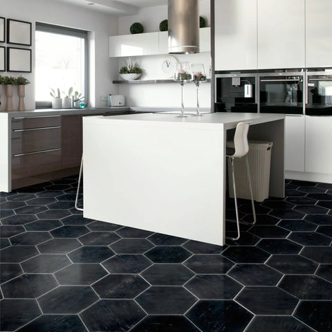 Modern kitchen with Retro Hex Nero Porcelain Tile for floors and walls dope hex pattern glazed textured finish black tiles.