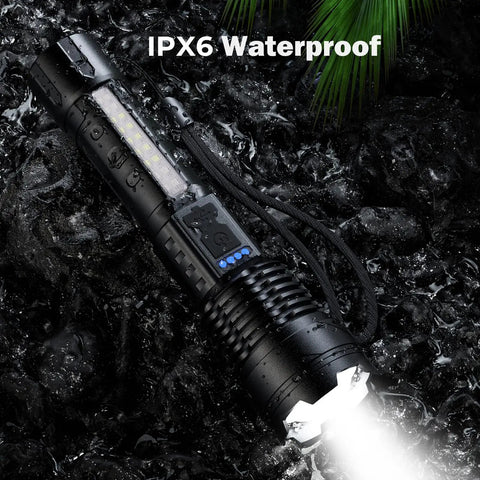90000 Lumen Rechargeable LED Flashlight 2 Pack, Beast Bright Handheld Torch, showing IPX6 Waterproof feature on wet ground