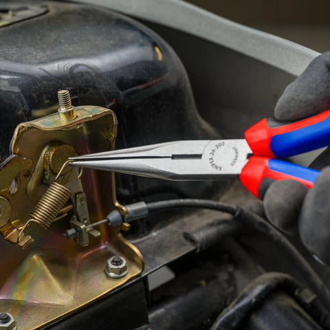 Long Nose Pliers With Cutter Eight Inch Heavy Duty Multi Component Multi Color Set With Color Coded Comfort Handles used on machinery