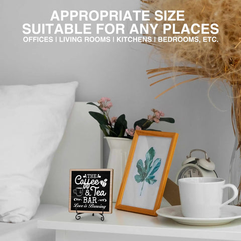 Chill Coffee And Tea Bar Decor Sign Set For Kitchen Or Desk Wooden Tea Station Accessories And Table Decor Themed Gift Idea Includes Sturdy Iron Stand For Easy Display with clock and plant on white table