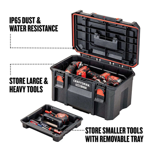 TradeStack 21 Inch Waterproof Tool Box With Lockable Stackable Design IP65 dust water resistant open with tools inside
