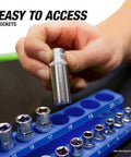 Six Pack Magnetic Socket Tray Set With Color Coded Metric And SAE Organizers For One Quarter Inch Three Eighths Inch And One Half Inch Drive Sockets Green And Blue Tool Organizer Tray Set To Keep Your Drawer Tidy, hand selecting socket from blue tray.