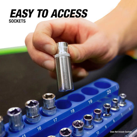 Six Pack Magnetic Socket Tray Set With Color Coded Metric And SAE Organizers For One Quarter Inch Three Eighths Inch And One Half Inch Drive Sockets Green And Blue Tool Organizer Tray Set To Keep Your Drawer Tidy, hand selecting socket from blue tray.