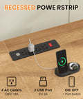 Recessed power strip with 4 AC outlets and 2 USB ports for 60 Inch Electric Standing Desk With Solid Oak Surface And Rustic Rattan Frame For Home Office.