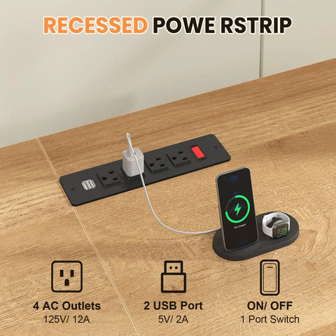 Recessed power strip with 4 AC outlets and 2 USB ports for 60 Inch Electric Standing Desk With Solid Oak Surface And Rustic Rattan Frame For Home Office.