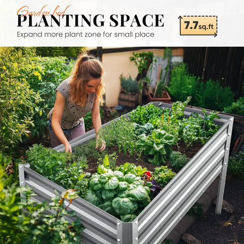 Woman gardening with Heavy Duty Raised Garden Bed With Legs 48 By 24 By 32 Inches Galvanized Elevated Planter Box