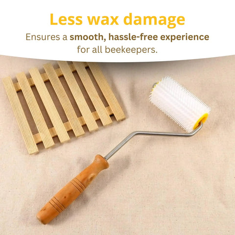 Pro Grade Honey Uncapping Roller Tool for Beekeepers with Sharp Plastic Prongs and Easy Grip Handle on beige cloth